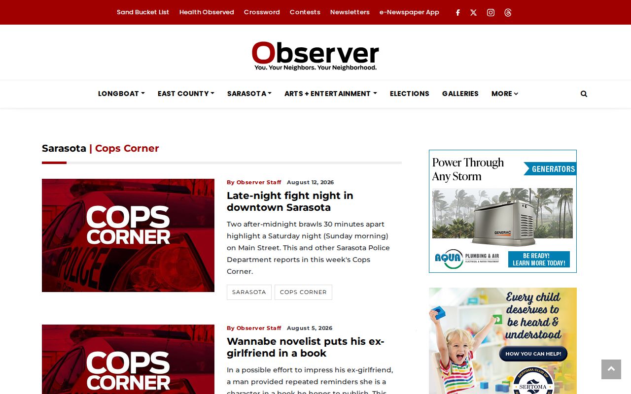 Sarasota County crime news image of the weekly Cops Corner police report archive