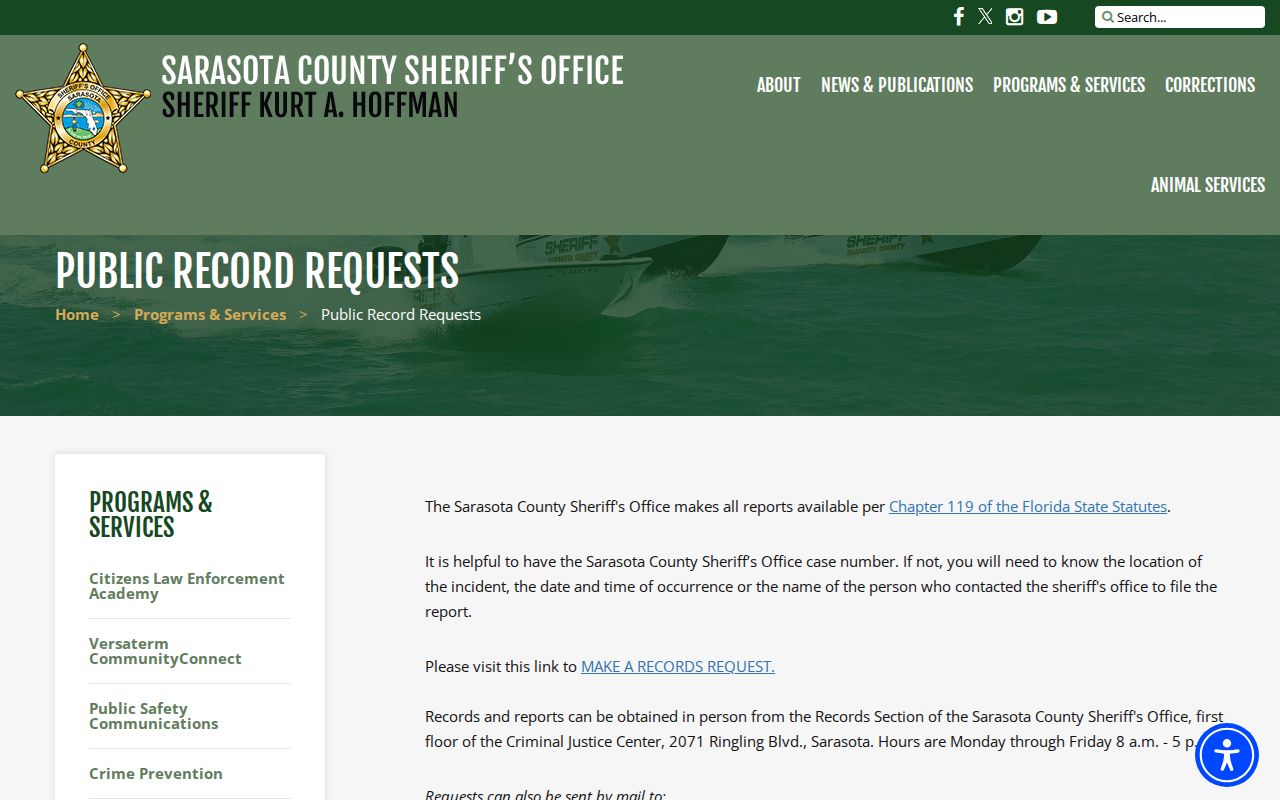 Sarasota County public booking record and mugshot request page